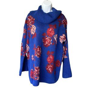 Pioneer Woman Women's Sweater Cowl Neck Blue Roses Floral Size Large NWT